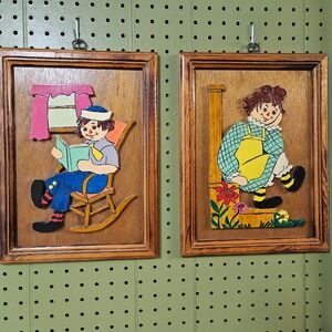 Vintage Raggedy Ann & Andy Hand Painted and Cut Wooden 3D Art Set of 2